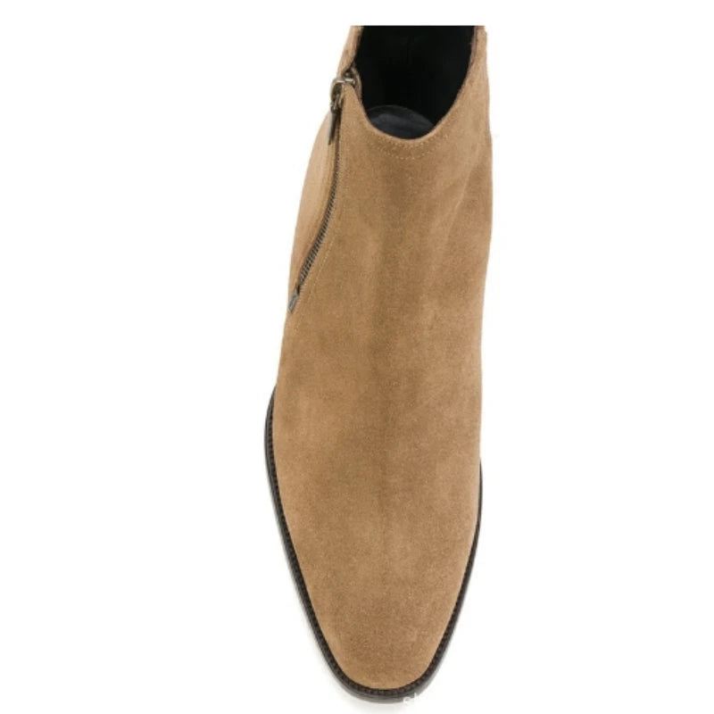 Chelsea Boots Menn Ekte Skinn Glidelås Frosted Leather Spisse Business Formelle Støvler - Kaki