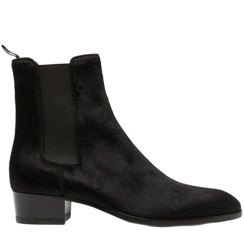 Ekte Pels Slip On Dress Bryllup Business Luksus Håndlagde Wedge Chelsea Boots - Svart