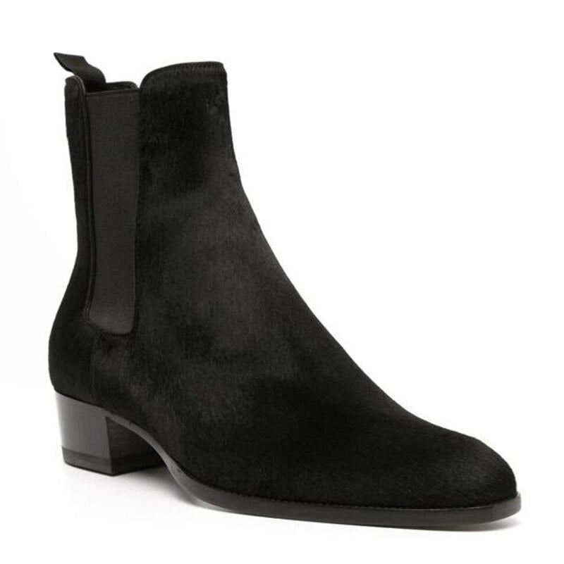 Ekte Pels Slip On Dress Bryllup Business Luksus Håndlagde Wedge Chelsea Boots - Svart