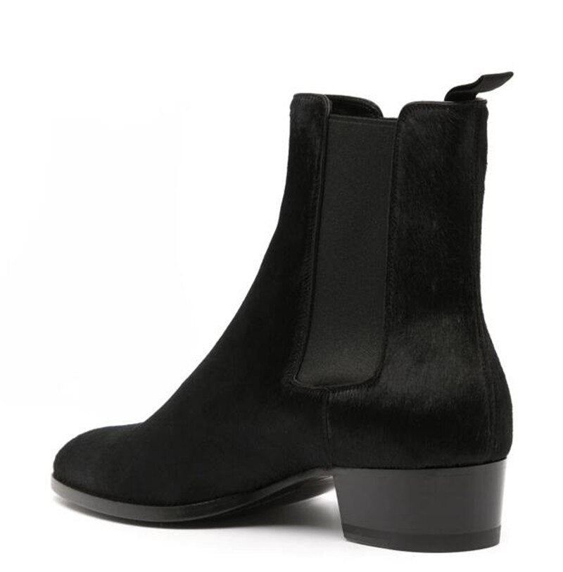 Ekte Pels Slip On Dress Bryllup Business Luksus Håndlagde Wedge Chelsea Boots - Svart