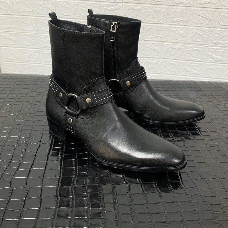 Håndlaget Luksus Designer Nagler Menn Spenne Stropp Kile Boots Ridder Høy Denim Sele - Svart