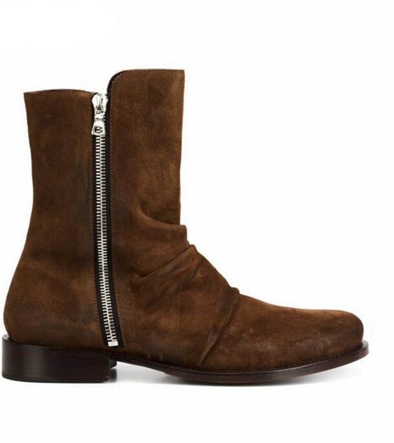 High End Håndlaget Tilpasset Top Luksus Demin Boots Menn Ekte Skinn Personlig Semsket Folds Chelsea - Gul