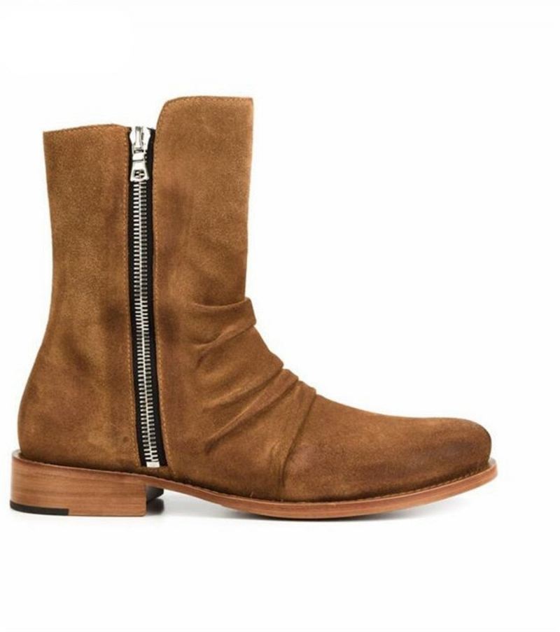 High End Håndlaget Tilpasset Top Luksus Demin Boots Menn Ekte Skinn Personlig Semsket Folds Chelsea - Gul