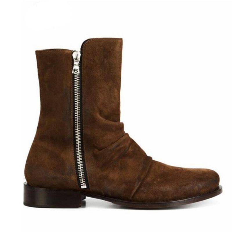 High End Håndlaget Tilpasset Top Luksus Demin Boots Menn Ekte Skinn Personlig Semsket Folds Chelsea - Gul