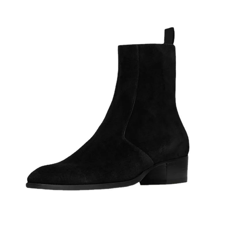 Menn Chelsea Boots Håndlaget Spiss Tå Mid-heel Business Zip Ankelstøvler - Svart