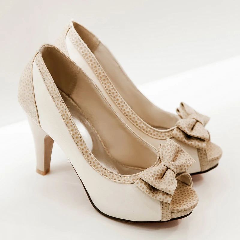 Dame Pumps Sko Høye Hæler Kjole Pump Peep Toe Sweet Bowtie Sko - Beige