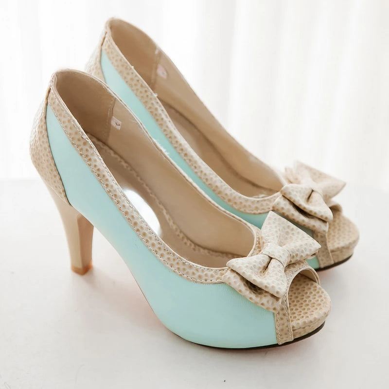 Dame Pumps Sko Høye Hæler Kjole Pump Peep Toe Sweet Bowtie Sko - Beige