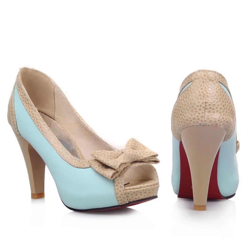 Dame Pumps Sko Høye Hæler Kjole Pump Peep Toe Sweet Bowtie Sko - Beige