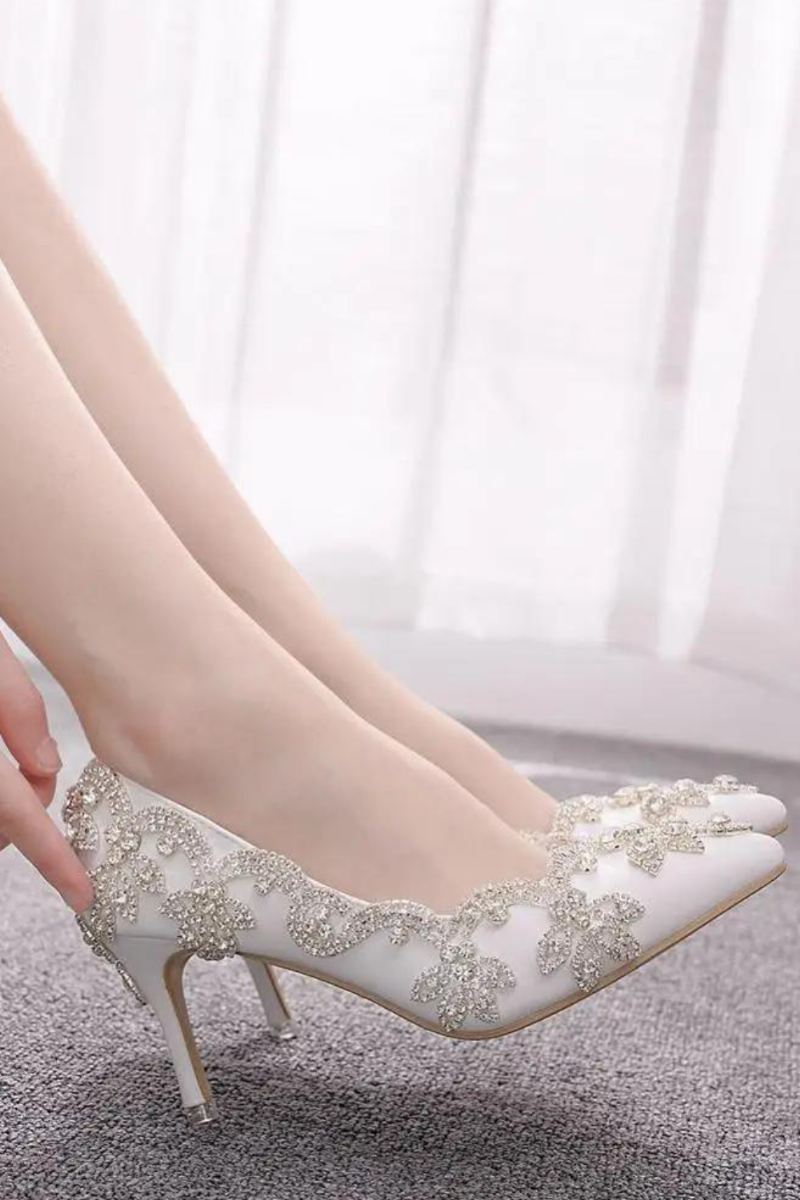 Damesko Høye Hæler Bryllup Tynn 7cm Hvit Diamant Glitrende Aftenkjole Bride Pumps