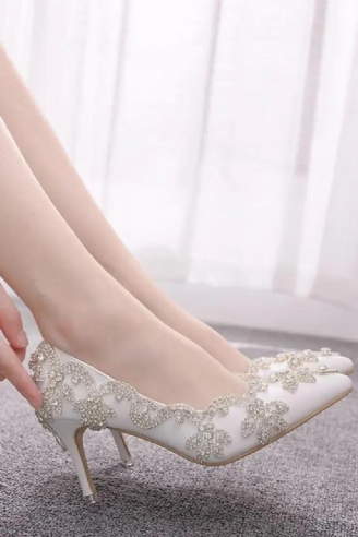 Damesko Høye Hæler Bryllup Tynn 7cm Hvit Diamant Glitrende Aftenkjole Bride Pumps