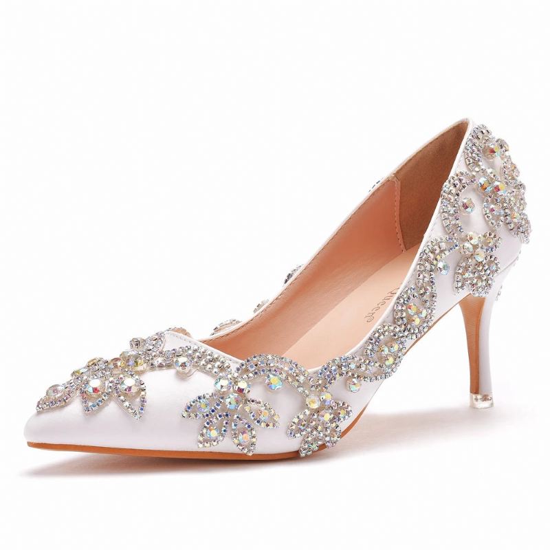 Damesko Høye Hæler Bryllup Tynn 7cm Hvit Diamant Glitrende Aftenkjole Bride Pumps - Hvit