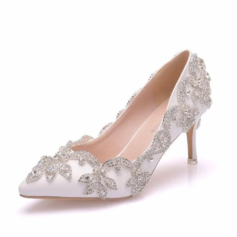 Damesko Høye Hæler Bryllup Tynn 7cm Hvit Diamant Glitrende Aftenkjole Bride Pumps - Hvit