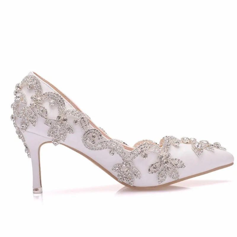 Damesko Høye Hæler Bryllup Tynn 7cm Hvit Diamant Glitrende Aftenkjole Bride Pumps - Hvit