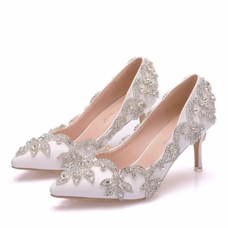 Damesko Høye Hæler Bryllup Tynn 7cm Hvit Diamant Glitrende Aftenkjole Bride Pumps - Hvit