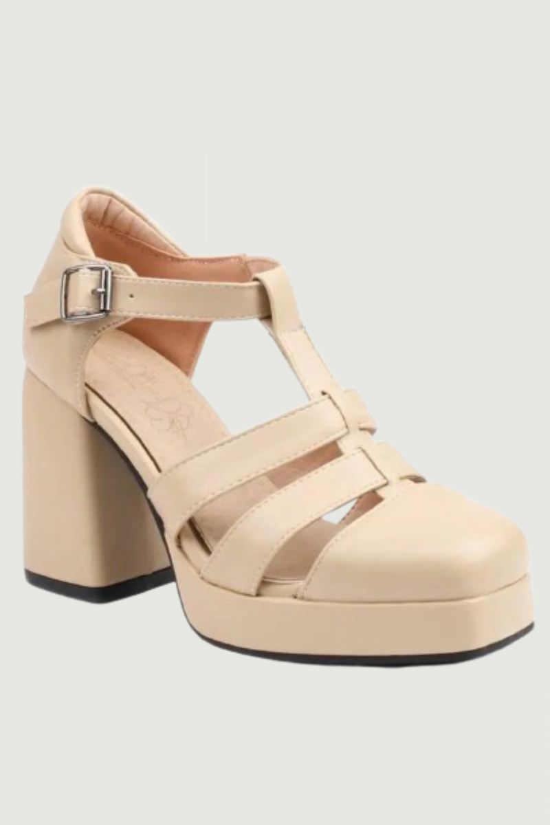 Kvinnelige Pumps Square Toe Block Hæler 9cm Plattform 2cm Spenne Stropp Hul Kortfattet Daglig Damesko