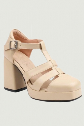 Kvinnelige Pumps Square Toe Block Hæler 9cm Plattform 2cm Spenne Stropp Hul Kortfattet Daglig Damesko