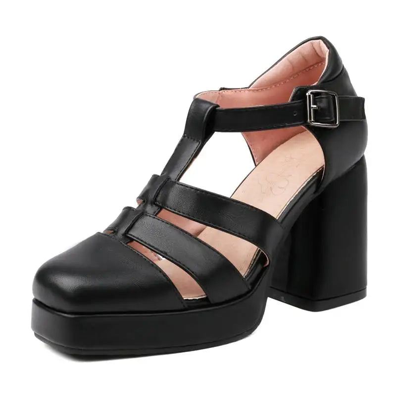 Kvinnelige Pumps Square Toe Block Hæler 9cm Plattform 2cm Spenne Stropp Hul Kortfattet Daglig Damesko - Aprikos