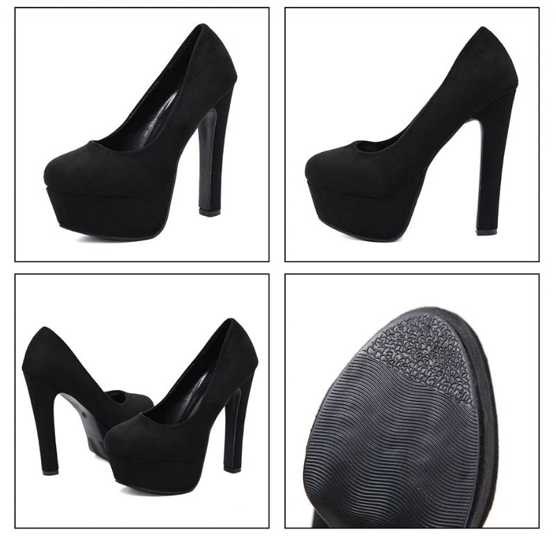 Kvinner Hæler Med Plattform Black Pumps High Heel Slip On Rund Toe Dress Sko For Party - Svart