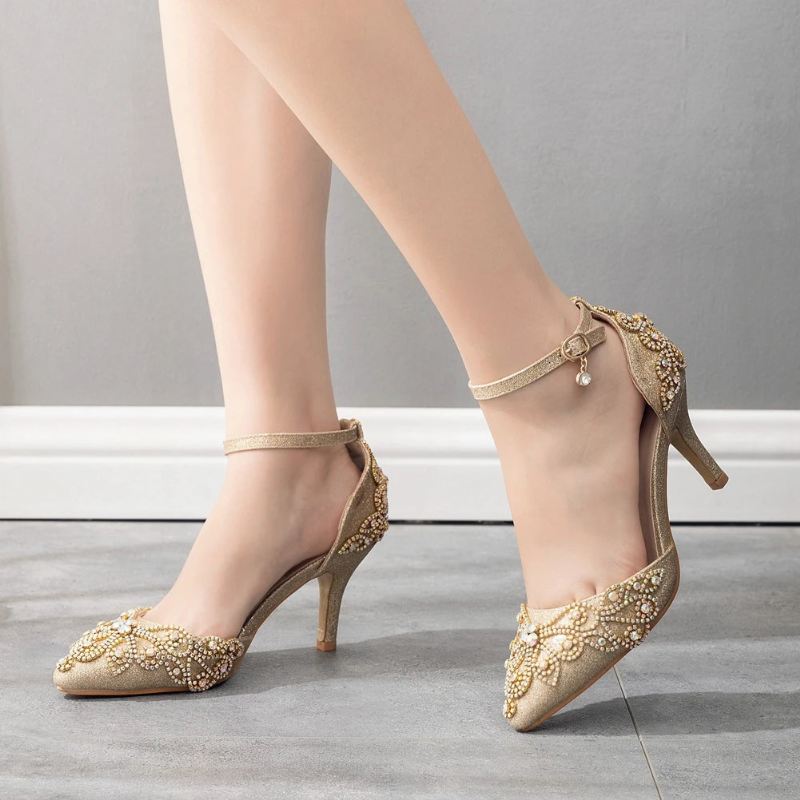 Kvinner Sko Bryllup Brude Glitter Fetish Stiletto Rhinestone Gold Pumps - Gull