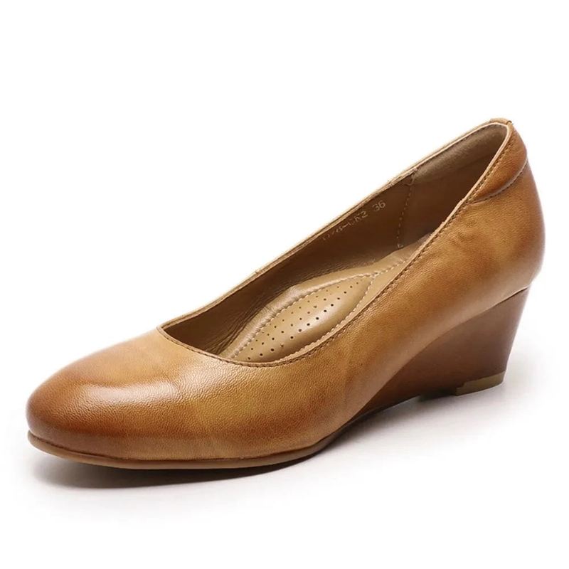 Kvinners Premium Leather Wedge Pumps Håndlagde Kjolesko - Brun