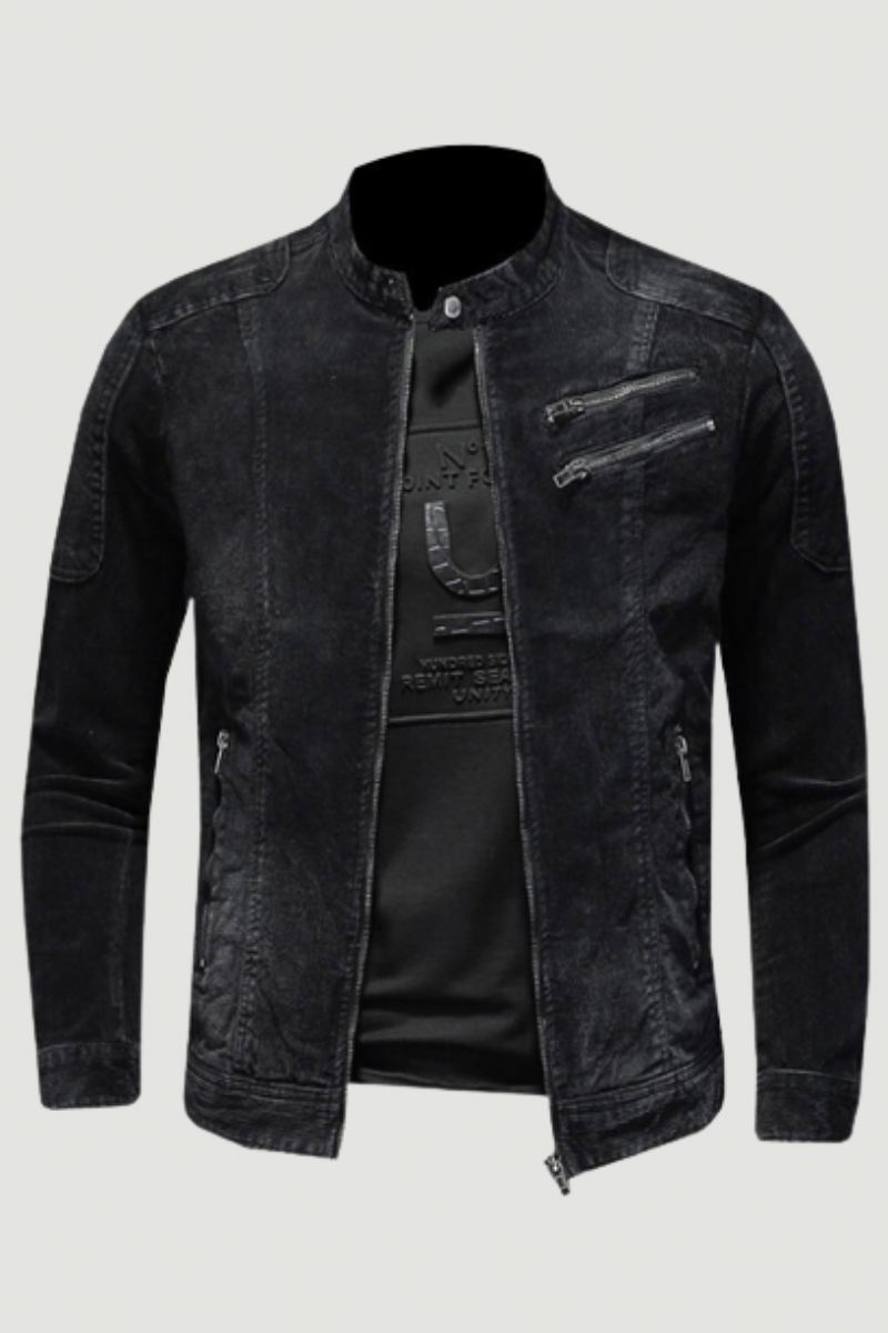 Corduroy Jeans Jakke Menn Denim Coat Bomber Motorsykkel Stativ Krage Langermet Slim Street Svart Cowboy Yttertøy Klær