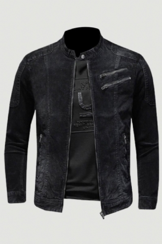 Corduroy Jeans Jakke Menn Denim Coat Bomber Motorsykkel Stativ Krage Langermet Slim Street Svart Cowboy Yttertøy Klær