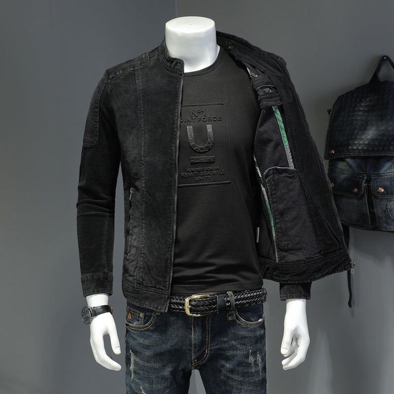 Corduroy Jeans Jakke Menn Denim Coat Bomber Motorsykkel Stativ Krage Langermet Slim Street Svart Cowboy Yttertøy Klær - Svart