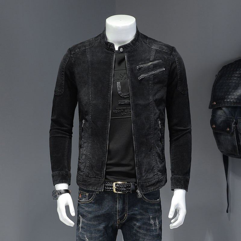 Corduroy Jeans Jakke Menn Denim Coat Bomber Motorsykkel Stativ Krage Langermet Slim Street Svart Cowboy Yttertøy Klær - Svart