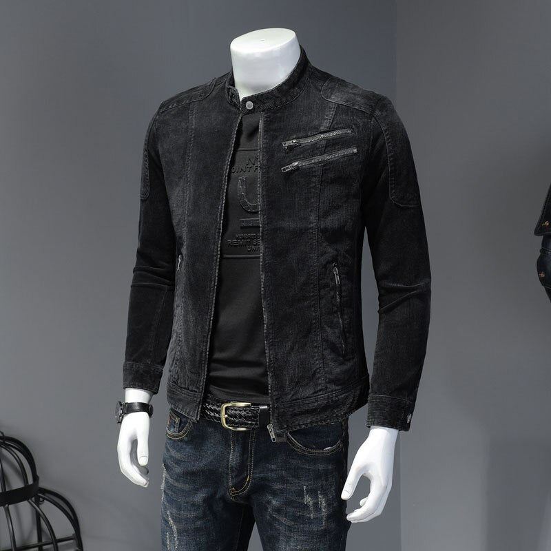 Corduroy Jeans Jakke Menn Denim Coat Bomber Motorsykkel Stativ Krage Langermet Slim Street Svart Cowboy Yttertøy Klær - Svart