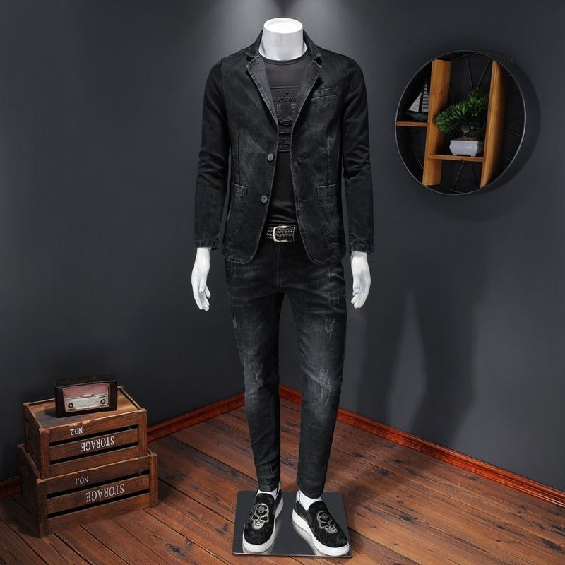 Denim Blazer Herre Jeans Slim Fit Cowboykåper Fritid Herredrakt Jeansjakke Casual Coat Enkelknapp Ny - Grå