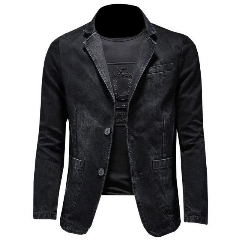 Denim Blazer Herre Jeans Slim Fit Cowboykåper Fritid Herredrakt Jeansjakke Casual Coat Enkelknapp Ny - Grå