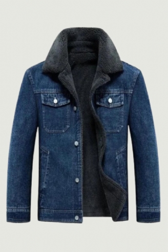 Denim Fleecejakke Herre Thicken Warm Windbreaker Cowboykåper Med Flere Lommer Utendørs Uformell Løs Overfrakk Vinter