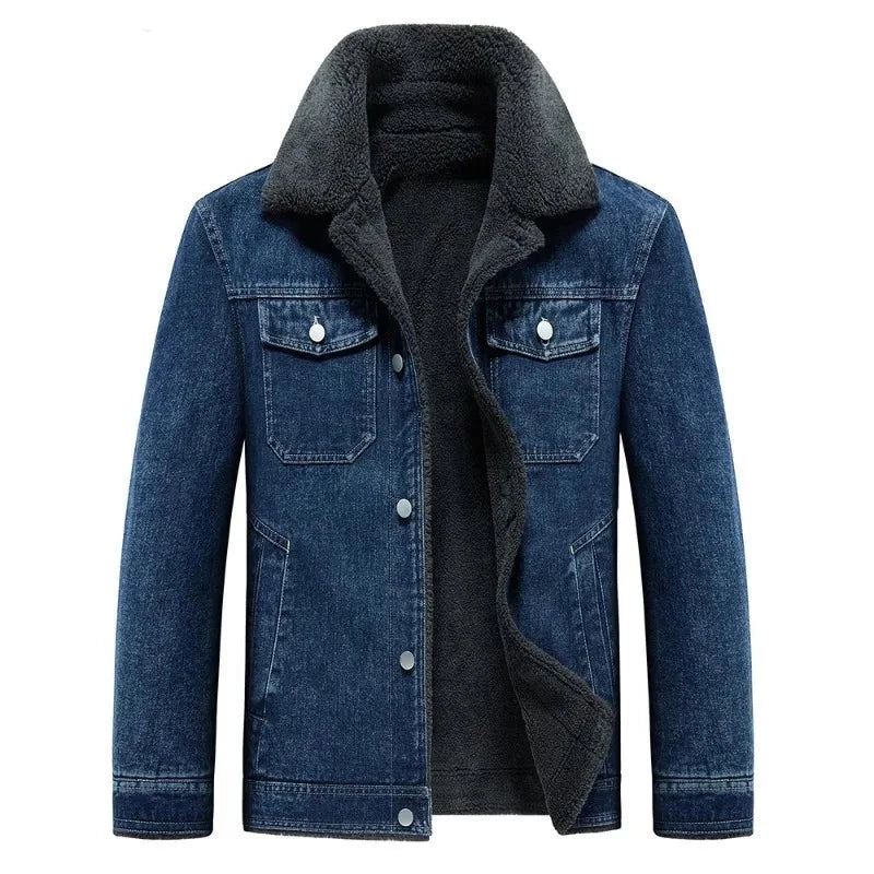 Denim Fleecejakke Herre Thicken Warm Windbreaker Cowboykåper Med Flere Lommer Utendørs Uformell Løs Overfrakk Vinter - Svart