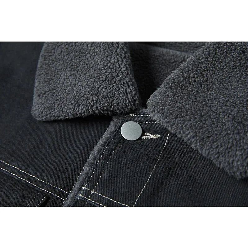 Denim Fleecejakke Herre Thicken Warm Windbreaker Cowboykåper Med Flere Lommer Utendørs Uformell Løs Overfrakk Vinter - Svart