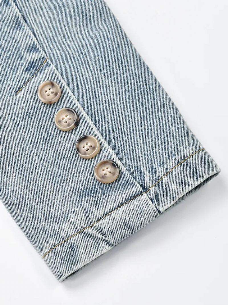 Denim Vintage Jakke Løs Lapel Langermet Kvinner Frakk Tide Vår Høst - Blå