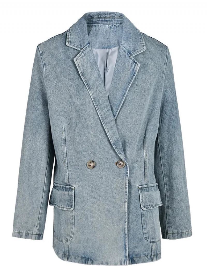 Denim Vintage Jakke Løs Lapel Langermet Kvinner Frakk Tide Vår Høst - Blå