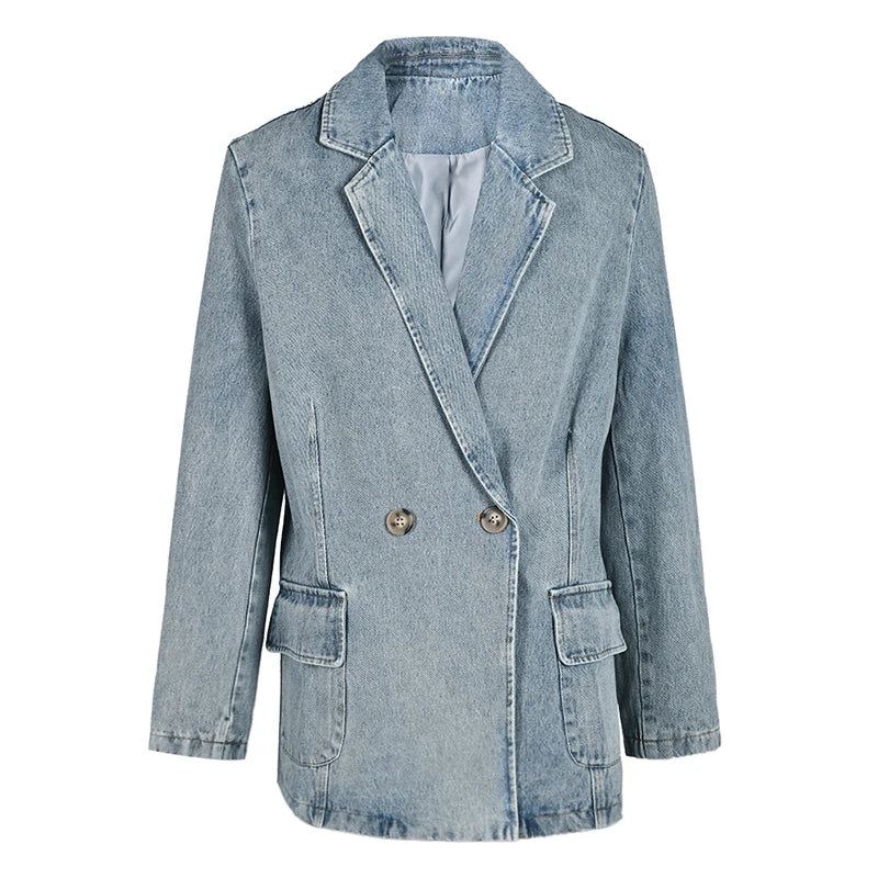 Denim Vintage Jakke Løs Lapel Langermet Kvinner Frakk Tide Vår Høst - Blå