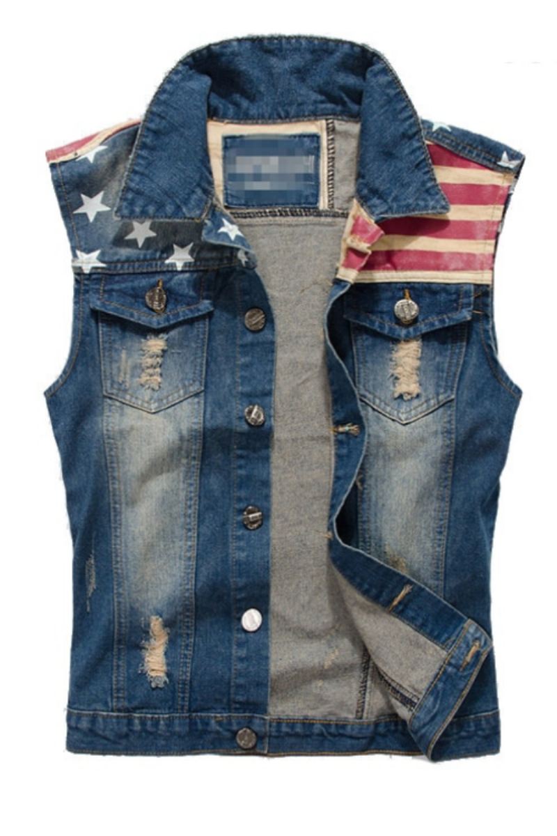 Denimvest For Menn Cowboy Ripped Ermeløs Vintagejakke Tank Spring Usa Flaggvasket Jeansvest