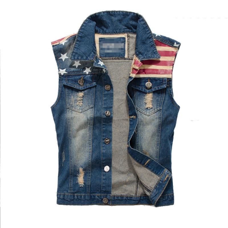 Denimvest For Menn Cowboy Ripped Ermeløs Vintagejakke Tank Spring Usa Flaggvasket Jeansvest - Demin Blå