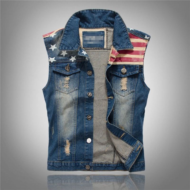 Denimvest For Menn Cowboy Ripped Ermeløs Vintagejakke Tank Spring Usa Flaggvasket Jeansvest - Demin Blå