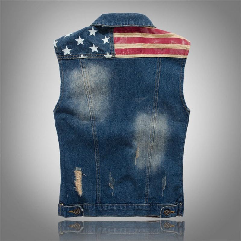 Denimvest For Menn Cowboy Ripped Ermeløs Vintagejakke Tank Spring Usa Flaggvasket Jeansvest - Demin Blå