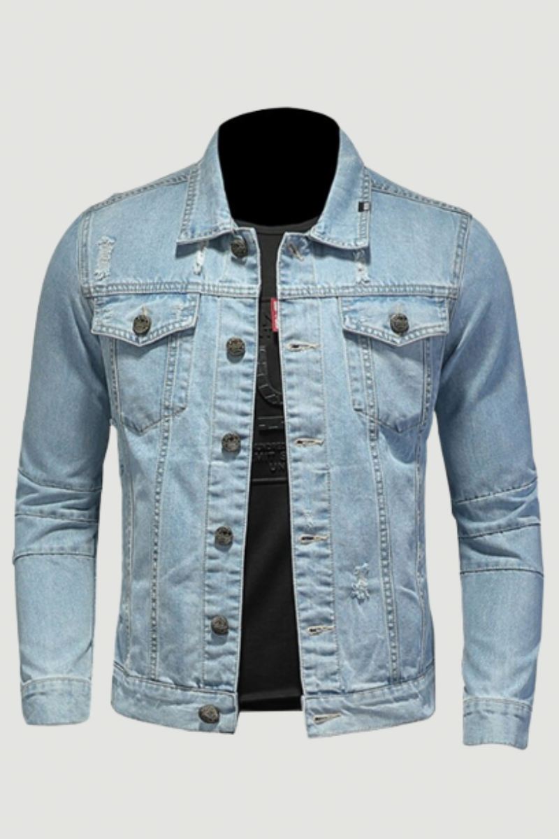 Dongerijakke Menn Jeans Kåper Lapel Langermet Single Breasted Slank Motorsykkel Bomber Lyseblå Uformelt Yttertøy