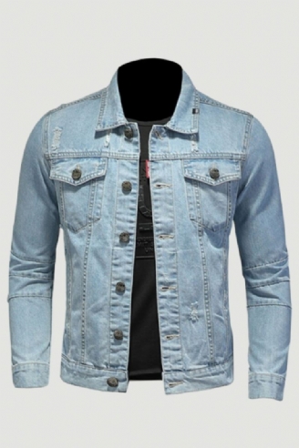 Dongerijakke Menn Jeans Kåper Lapel Langermet Single Breasted Slank Motorsykkel Bomber Lyseblå Uformelt Yttertøy