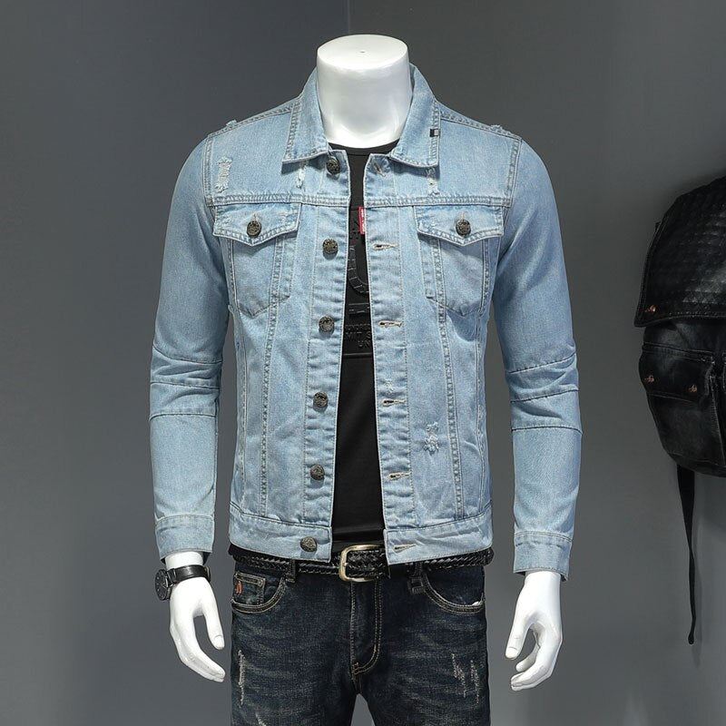 Dongerijakke Menn Jeans Kåper Lapel Langermet Single Breasted Slank Motorsykkel Bomber Lyseblå Uformelt Yttertøy - Himmelblå