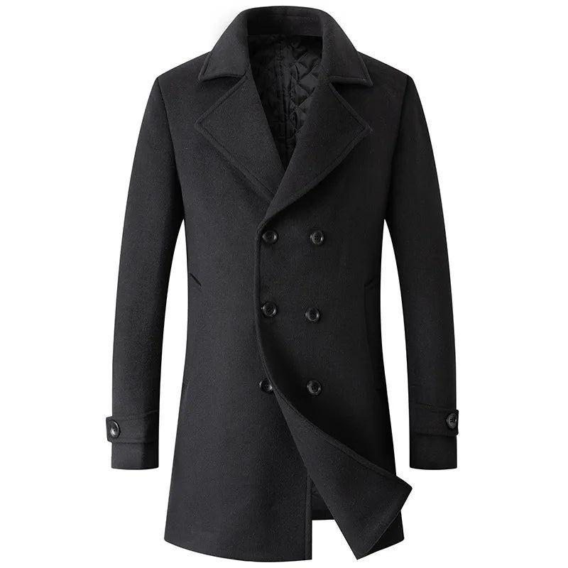 Double Breasted Coat Menn Ull Jakke Lang Lapel Trench Coats Mann Vinter Windbreak Klær - Svart