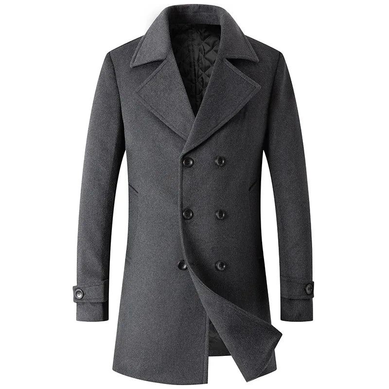 Double Breasted Coat Menn Ull Jakke Lang Lapel Trench Coats Mann Vinter Windbreak Klær - Svart