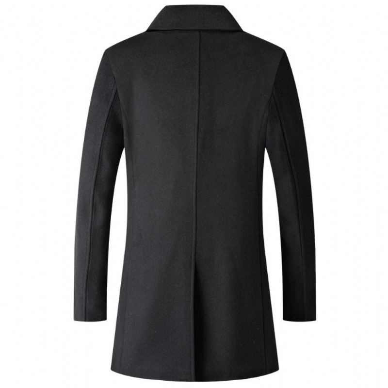 Double Breasted Coat Menn Ull Jakke Lang Lapel Trench Coats Mann Vinter Windbreak Klær - Svart