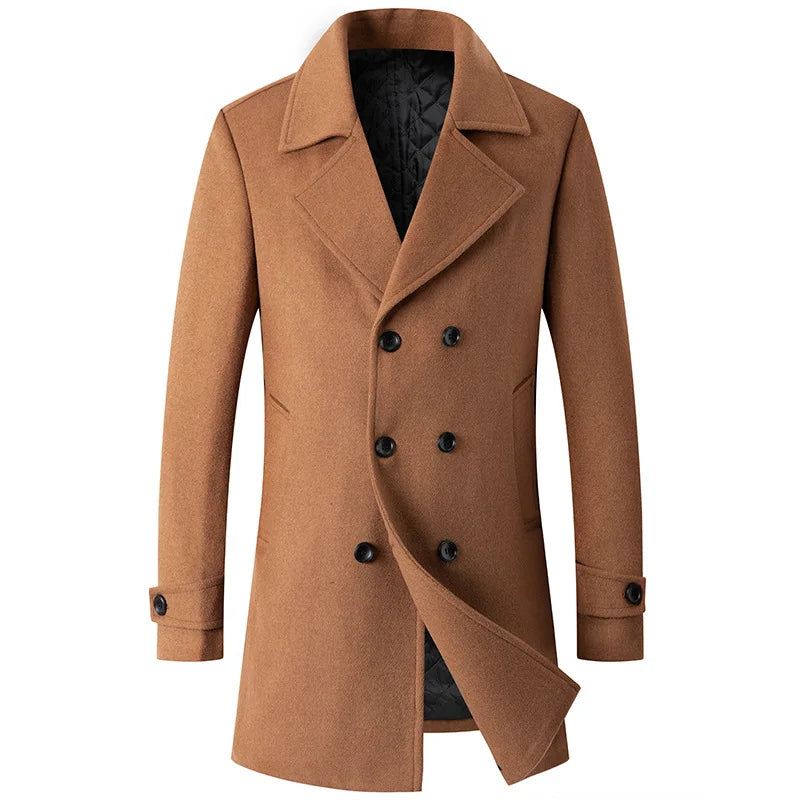 Double Breasted Coat Menn Ull Jakke Lang Lapel Trench Coats Mann Vinter Windbreak Klær - Svart