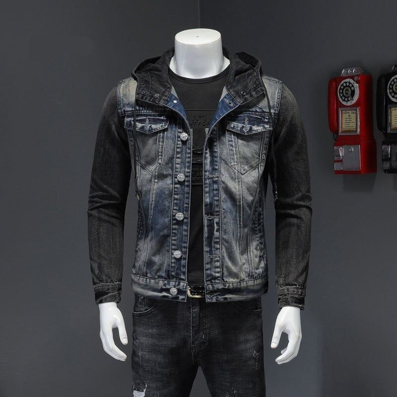 Europeisk Stil Hette Colorblock Bomber Pilot Blå Dongerijakke Menn Jeans Kåper Motorsykkel Uformell Slank Yttertøy Overtrekk - Denim Blå