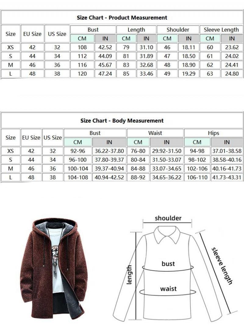 Fleece-fôret Genser For Menn Glidelås Lang Hette Cardigan Solid Thicken Yttertøy Høst Vinter Varme Jakker - Karamell